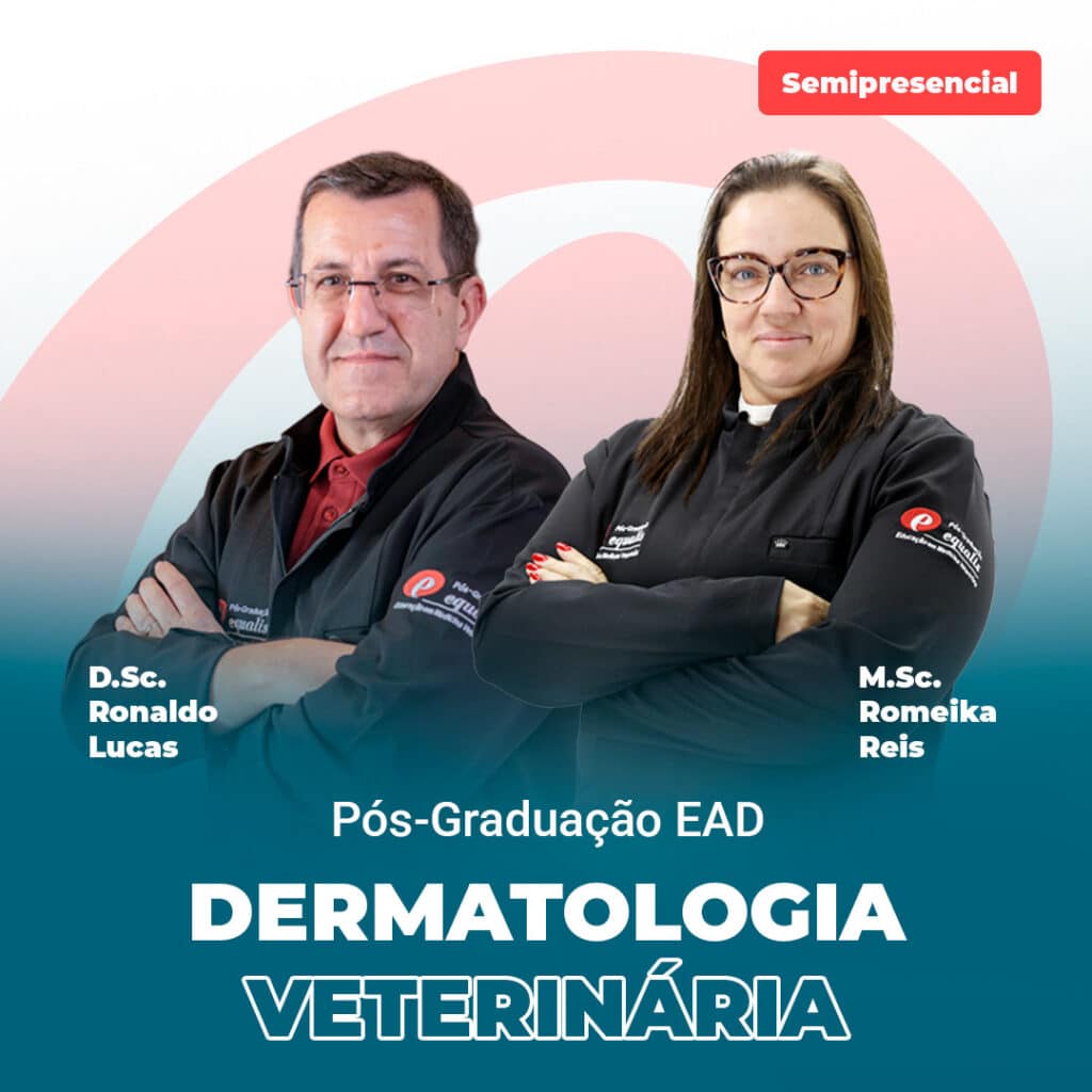D. Sc. Ronaldo Lucas and M. Sc. Romeika Reis in lab coats, promoting semipresencial Pós-Graduação EAD em Dermatologia Veterinária