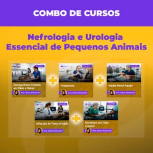 Banner promocional de cursos para pequenos animais: Nefrologia e Urologia, com cinco cartões de curso e sinais de soma.