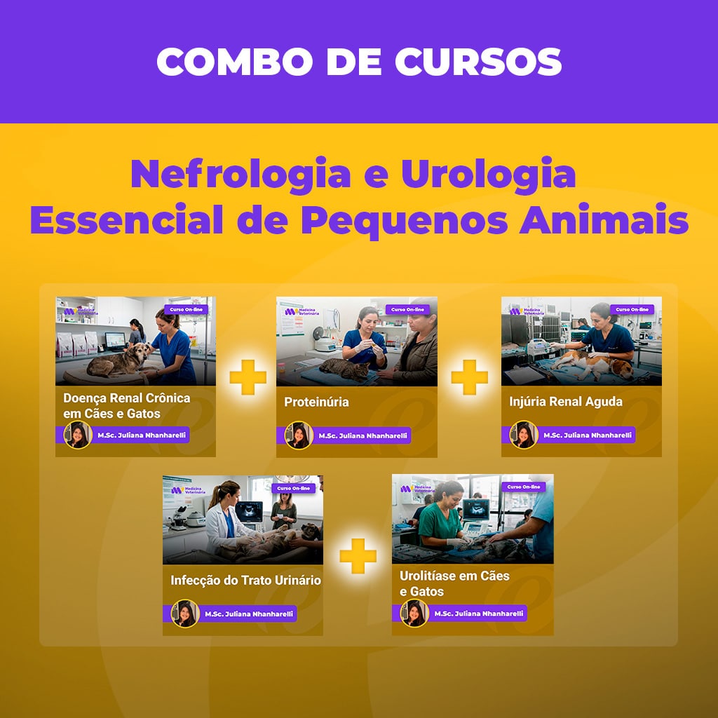 Banner promocional de cursos para pequenos animais: Nefrologia e Urologia, com cinco cartões de curso e sinais de soma.