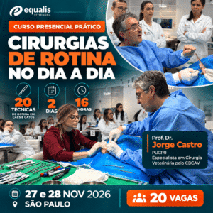 Poster promoting a practical veterinary surgery course 'Cirurgias de Rotina no Dia a Dia', by Prof. Dr. Jorge Castro, 27–28 Nov 2026 in São Paulo – 20 vagas.